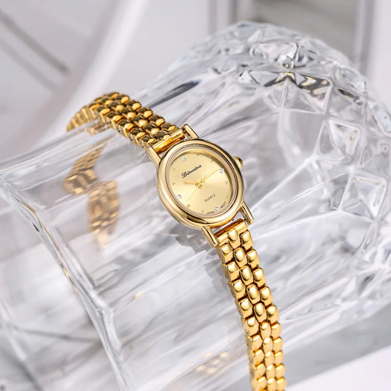 2024 New Steel Belt Bracelet Women's Watch Elliptical Vintage Watch Exquisite Small and Elegant Vintage Gold Watch